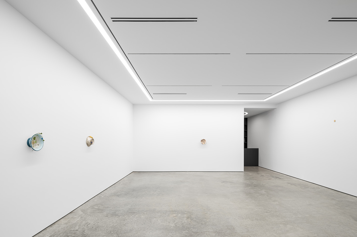 Gallery room with white walls and concrete floors of Lora Reynolds Gallery designed by Stonefox Architecture